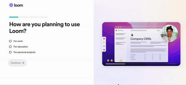 A screenshot of Loom's personalized onboarding